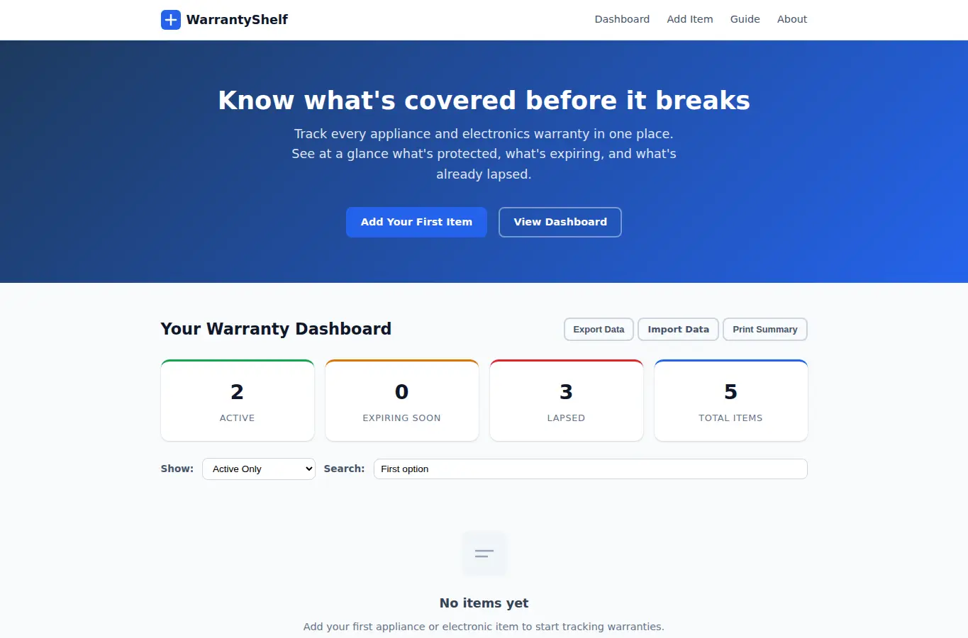 Screenshot of WarrantyShelf: Appliance & Electronics Warranty Tracker interface showing the project page in use